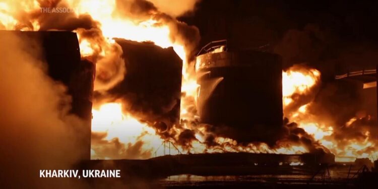 Huge Blaze Ignited by Russian Drone Attack in Ukraine’s Kharkiv Region